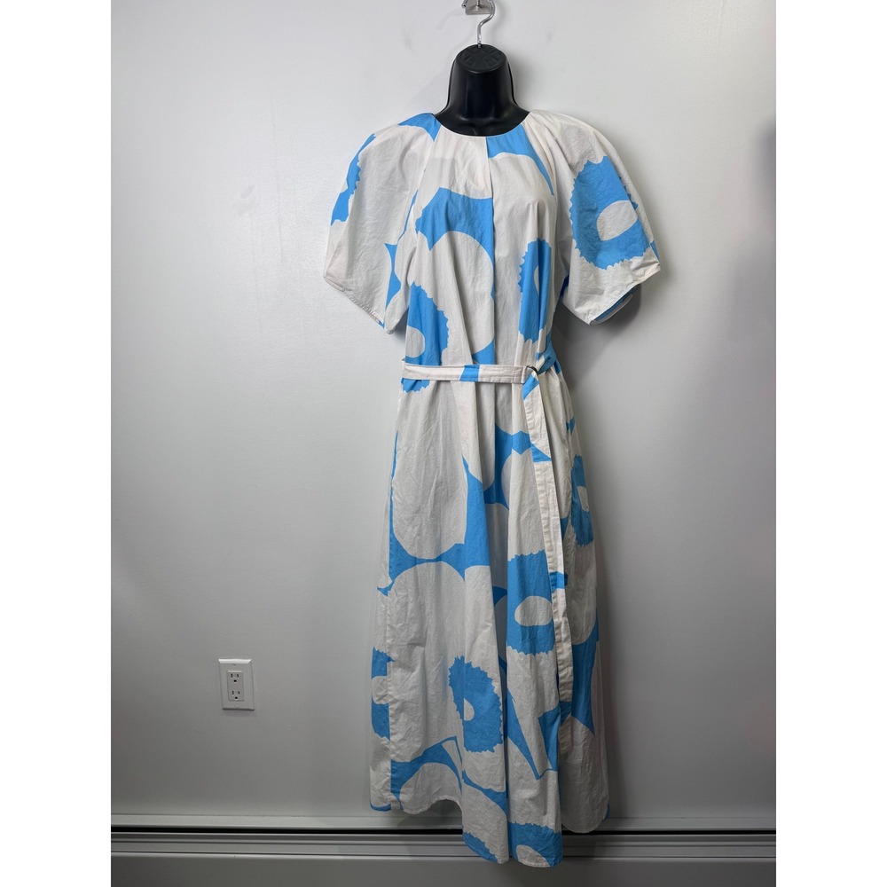 Marimekko Juhlinta Unikko Dress Blue White Belted Short Sleeve Size 38 (US 8) M